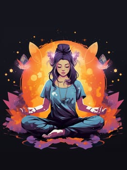 Poster women with crossed legs meditating in yoga lotus position or asana. Meditation practice. Zen, harmony concept. Ai Genereted.