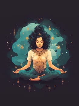 Poster women with crossed legs meditating in yoga lotus position or asana. Meditation practice. Zen, harmony concept. Ai Genereted.