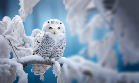 White winter owl perched on a tree branch in a winter snow landscape, beautiful wildlife winter wonderland with copy space snow bird space for text