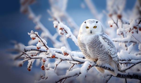 White winter owl perched on a tree branch in a winter snow landscape, beautiful wildlife winter wonderland with copy space snow bird space for text