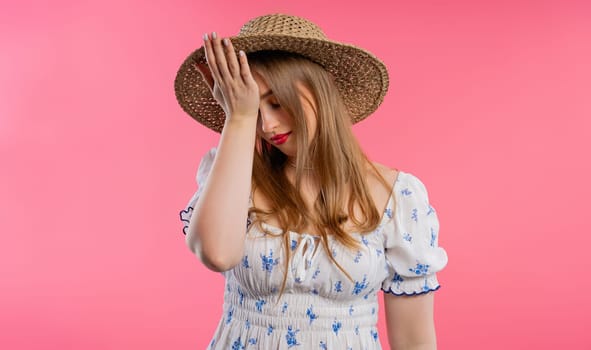 Worried confused woman, no, she forgot. Shocked girl feeling sorrow, regret, drama, failure, problems on pink background. Facepalm. High quality