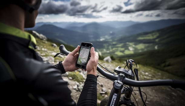 Man planning route using GPS navigation application in mobile phone on his bicycle bike,mountain bike active in the mountains looking for navigation copy space