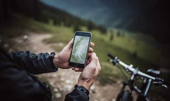 Man planning route using GPS navigation application in mobile phone on his bicycle bike,mountain bike active in the mountains looking for navigation copy space