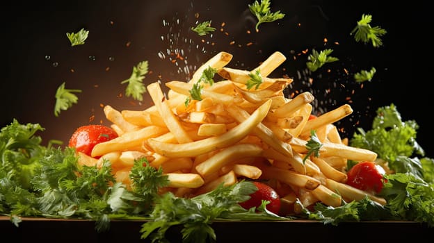 Delectable French Fries Garnished with Fresh Greens and Sprigs of Parsley, a Scrumptious Culinary Delight.