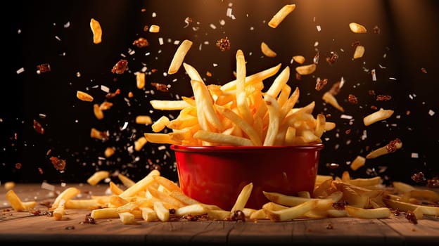 Tempting Golden French Fries Served in a Striking Red Bowl, Irresistible Snack Delight.