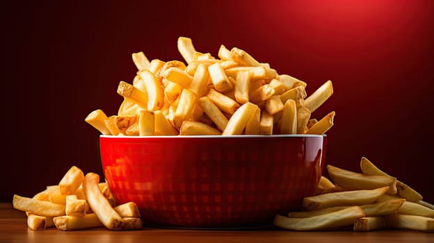 Crunchy and Flavorful French Fries Presented in a Captivating Red Bowl, Perfect for Mouthwatering Snack Cravings.