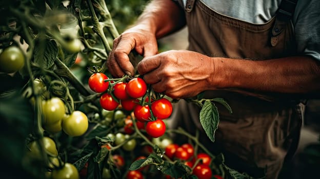 Bountiful Harvest: Gardener Collecting Ripe Red Tomatoes from Lush Green Bush, Celebrating Abundance.