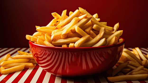 Savory Delight: Crispy French Fries Served in a Striking Red Bowl, Perfect for Indulging Snack Cravings