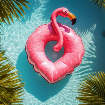 Pink Flamingo Air Mattress. Floats on the surface of the water in the pool. Summer colorful vacation background.