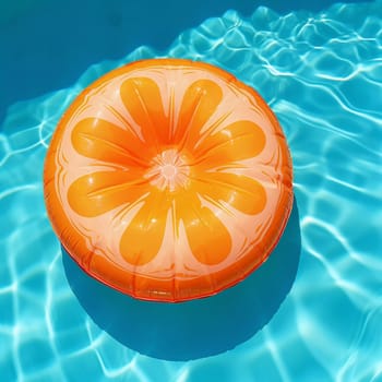Round Orange Air Mattress. Floats on the surface of the water in the pool. Summer colorful vacation background.