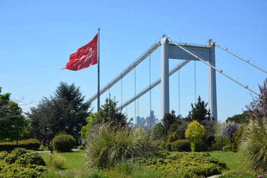 The Turkish flag is waving in the wind in a park overlooking the bridge over the Bosphorus and beautifully blooming sakura. Travel Istanbul background photo.