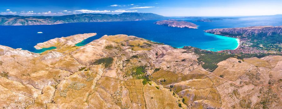 Moon Plateau stone desert heights aerial panoramic view, view of Baska, Senj, Vela and Mala Luka on Krk island, Adriatic, Croatia