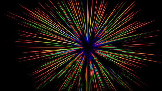 Abstract dark background with multicolored neon rays.