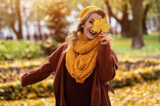 Happy laughing woman hide eye with a yellowed leaf in yellow knitted beret with autumn leaves in hand and fall yellow garden or park. Beautiful smiling young woman in autumn foliage.