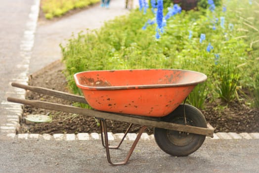 Old rusty wheelbarrow cart in the garden
