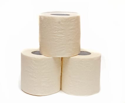 Three rolls of toilet paper isolated on white background.