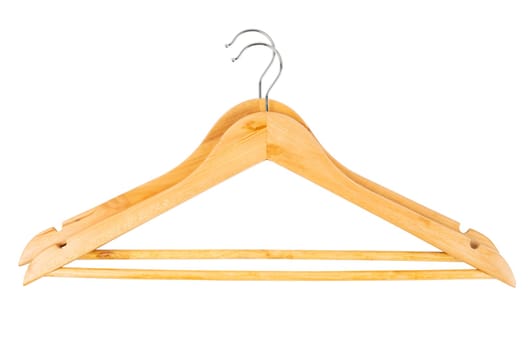 Wooden coat hanger isolated against bright white background. Save clipping path.