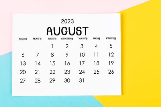 August 2023 Monthly calendar on beautiful background.
