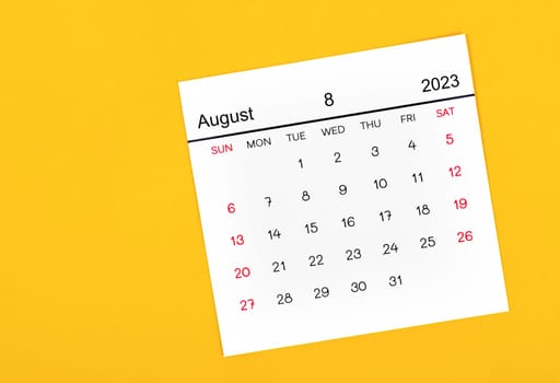 August 2023 Monthly calendar for 2023 year on yellow background.