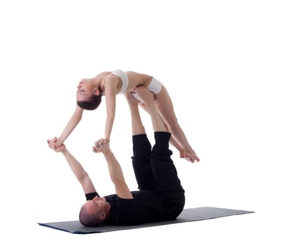 Image of healthy couple posing in yoga position, isolated on white