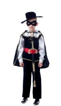 Cute little boy posing in Zorro costume, isolated on white