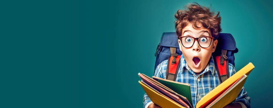 Banner of surprised little boy in glasses with backpack reading book on blue background. Back to school. Generative Ai