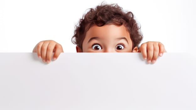 Surprized young black child hiding behind white advertisement board, Copy space for text or design, kid peeking out blank banner. Generative ai