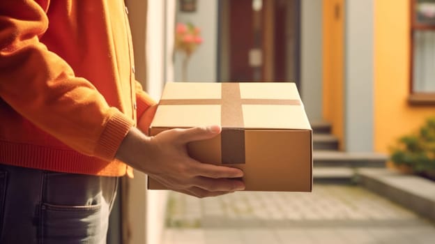 Faceless delivery man holding cardbox parcel box blurred street background. Generative ai