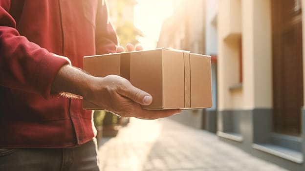 Faceless delivery man holding cardbox parcel box blurred street background. Generative ai