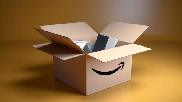 Opened Amazon prime parcel box on wooden floor. Amazon Prime shopping. Generative Ai
