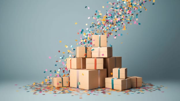 Pile of cardboard boxes packages with colorful confetti on white background. Generative Ai