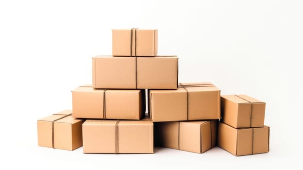 Pile of cardboard boxes packages on white background. Generative Ai