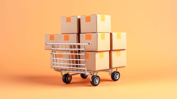 Shopping trolley full of boxes on yellow background. Black Friday sale. Online shopping. Generative ai