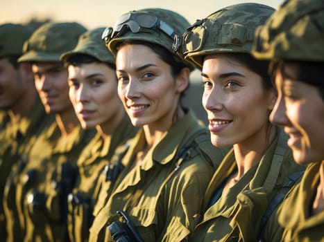 Portrait of a smiling young American US special forces soldiers in military uniform in the battle field. Generative ai