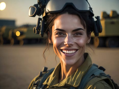 Portrait of a smiling young female American US special forces soldier in military uniform in the battle field. Generative ai