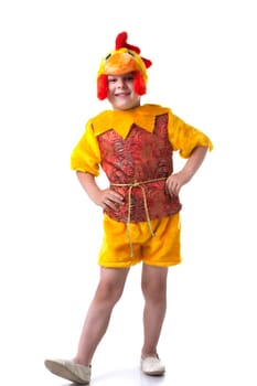 Image of funny little boy posing in cockerel suit