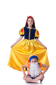 Beautiful little Snow White posing with funny gnome