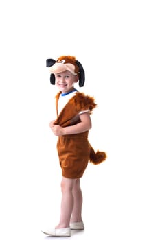 Cheerful boy posing in dog costume, isolated on white