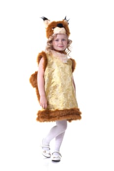 Lovely little girl posing in squirrel suit, isolated on white