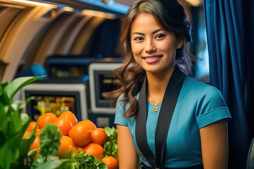 Portrait of a Chinese flight attendant in the cabin. Generative AI. High quality illustration