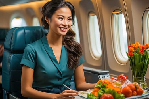 Portrait of a Chinese flight attendant in the cabin. Generative AI. High quality illustration