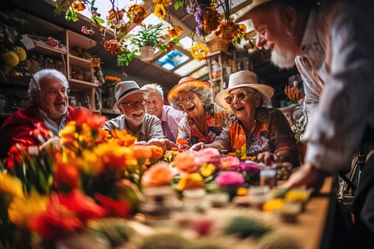 Happy pensioners gathered at the table in the country. Generative AI. High quality illustration