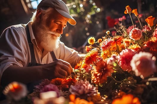 A retired gardener grows flowers in his backyard. Generative AI. High quality illustration