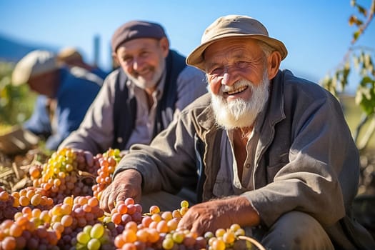 A pensioner grows grapes on his plot. Generative AI. High quality illustration