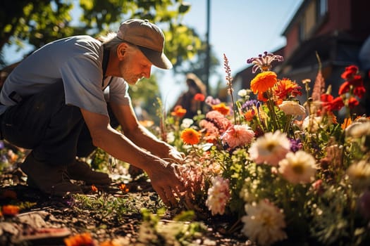 A retired gardener grows flowers in his backyard. Generative AI. High quality illustration