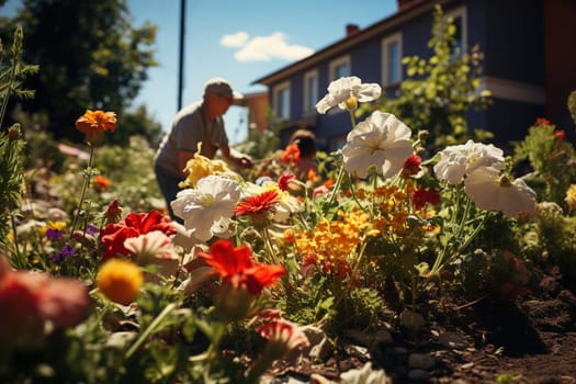 A retired gardener grows flowers in his backyard. Generative AI. High quality illustration