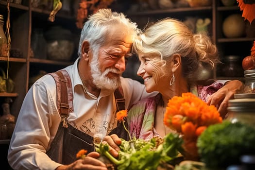 A happy retired couple grows flowers in their backyard. Generative AI. High quality illustration