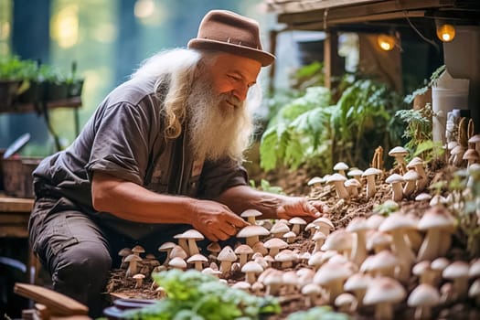 A pensioner grows mushrooms on his plot. Generative AI. High quality illustration