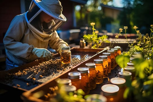A woman in a protective suit and mask collects honey from honeycombs in jars. Generative AI. High quality illustration