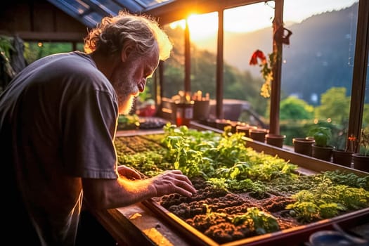 A pensioner grows vegetables on his plot. Generative AI. High quality illustration